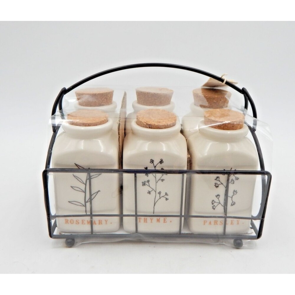 Rae Dunn By Magenta Spice Jars in Metal Holder 6 Jars Cork Stopper